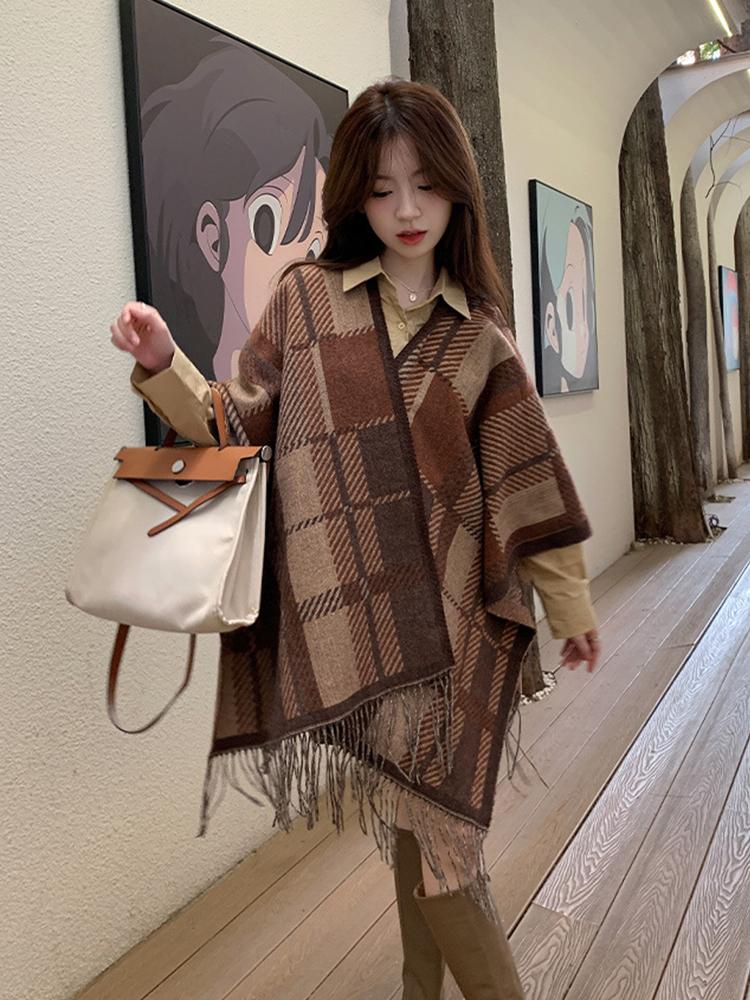 Imitation Cashmere Women Scarf Winter Ladies Vintage Plaid Tassel Poncho Warm Female Wrap Blanket Capa Para Mujer Pashmina Shawl