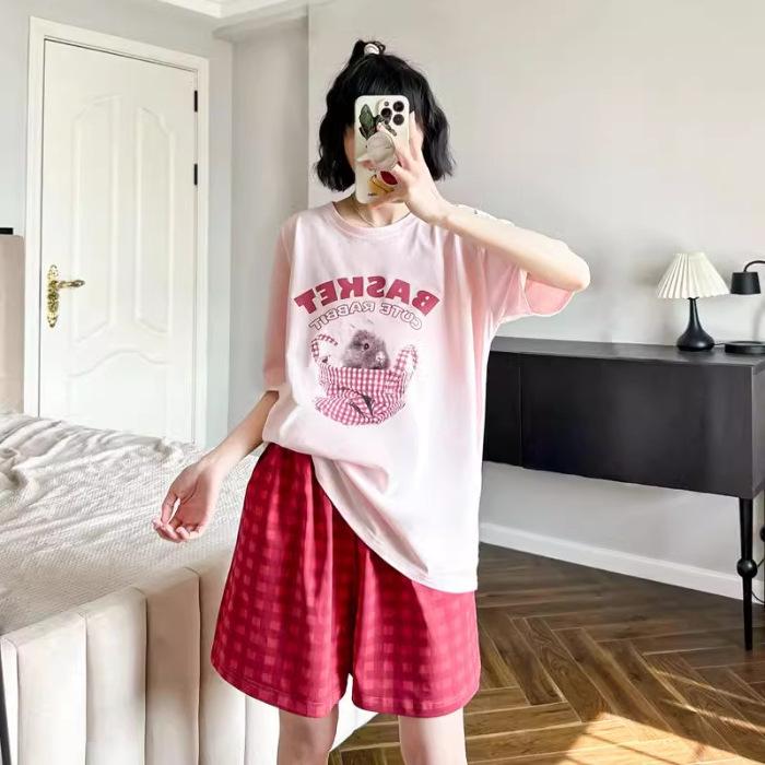 

Women s Short-Sleeve Summer Pajama Set - Round Neck, Lightweight, Anti-static, Cotton Blend M, L