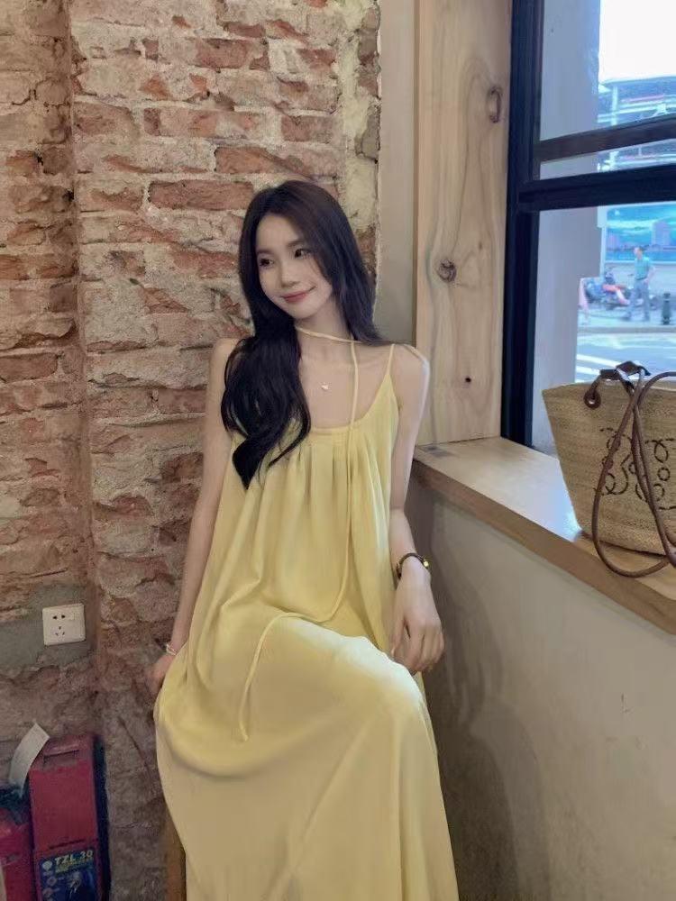 French Seaside Yellow Strappy Women's Long Summer Dress - Casual Beach Fairy Style