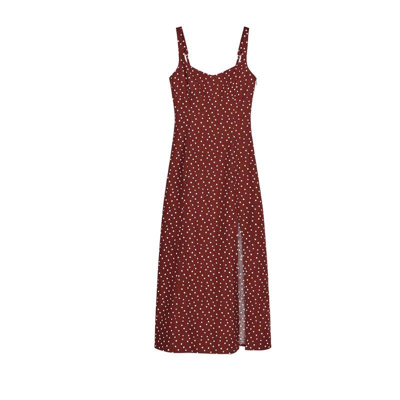 

Summer Women s Slit Hemline at Hem round Neck Sleeveless Linen Blended Polka Dot Midi Skirt Dress 3049676 Dark red L