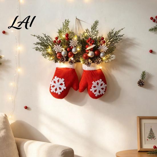 Christmas Hanging Ornaments Mitten Door Hanger Red White Glove Ornament with Pine Cone Berries Holiday Home Accents Fabric Wall Decor for
