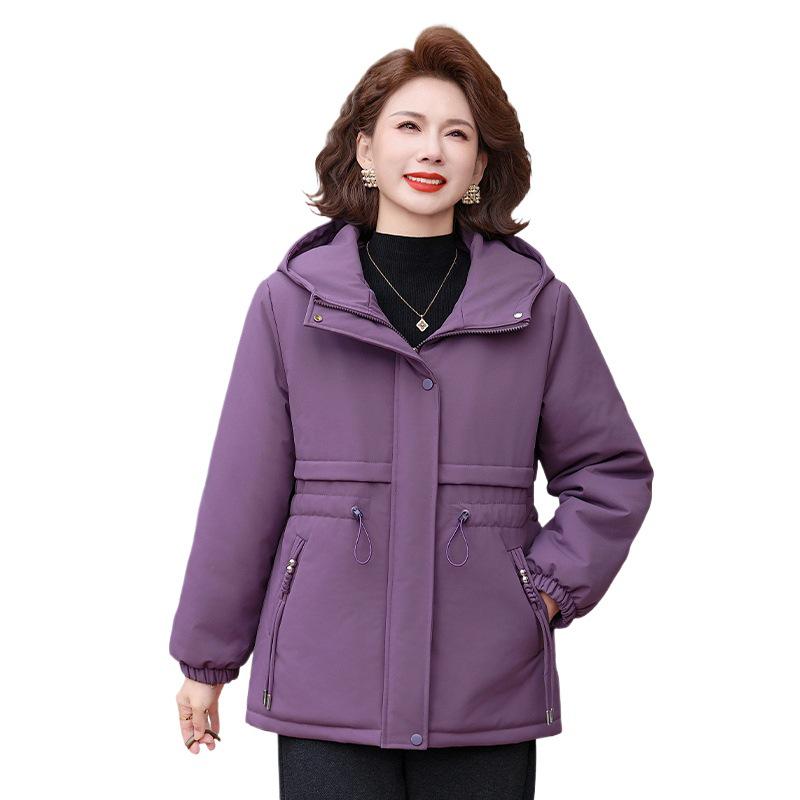 Velvet-Lined Plain Windbreaker: Casual Plus Size Winter Jacket for Middle-Aged and Elderly Women