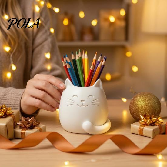 Smooth Surface Pen Holder Holder, Cartoon Cat Shape Desk Organizer, Decorative Themed Office Supplies Stationery for Pencils Gel Pens Makeup