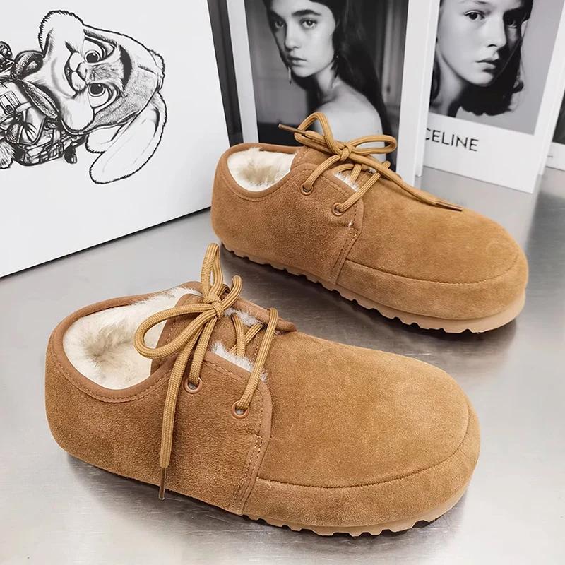 Plush Cotton Shoes Women Snow Boots Suede Fur Slippers Flats Casual Sneaker 2024 Trend Brand Mules Lace Up Warm Fad Winter Botas