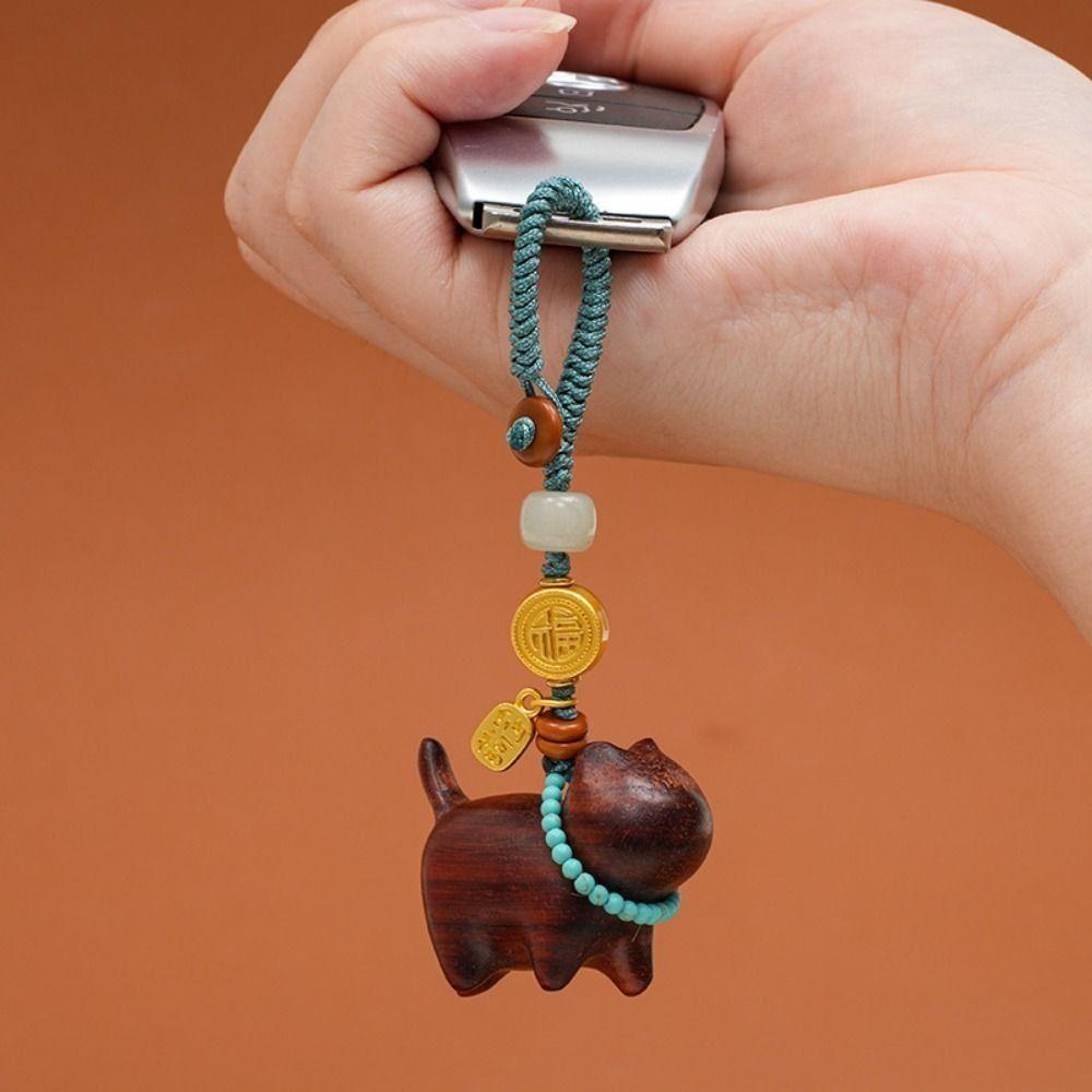 Woven Lanyard Lucky Cat Keychain Carved Sandalwood Fortune Cat Pendant Phone Attachment
