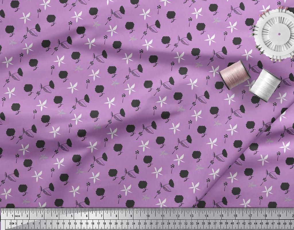 Soimoi Purple Japan Crepe Satin Fabric Black Sketch Floral Print Fabric by Metre 42 Inch