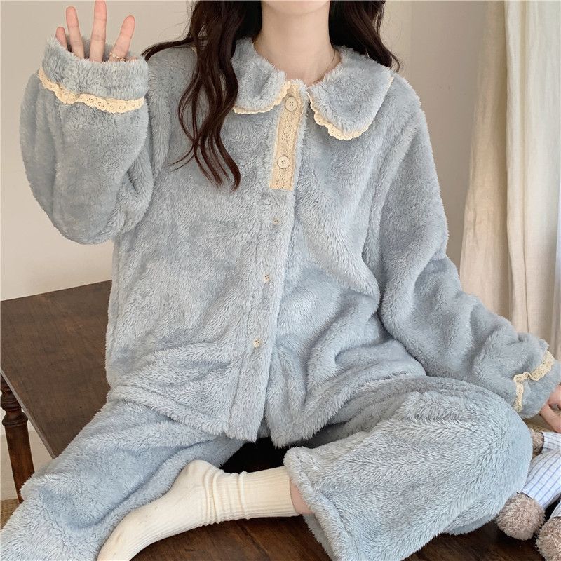 Sweet Doll Collar Coral Fleece Pajamas Women Plus Velvet Thick Winter Thick Plush Home Service Suit
