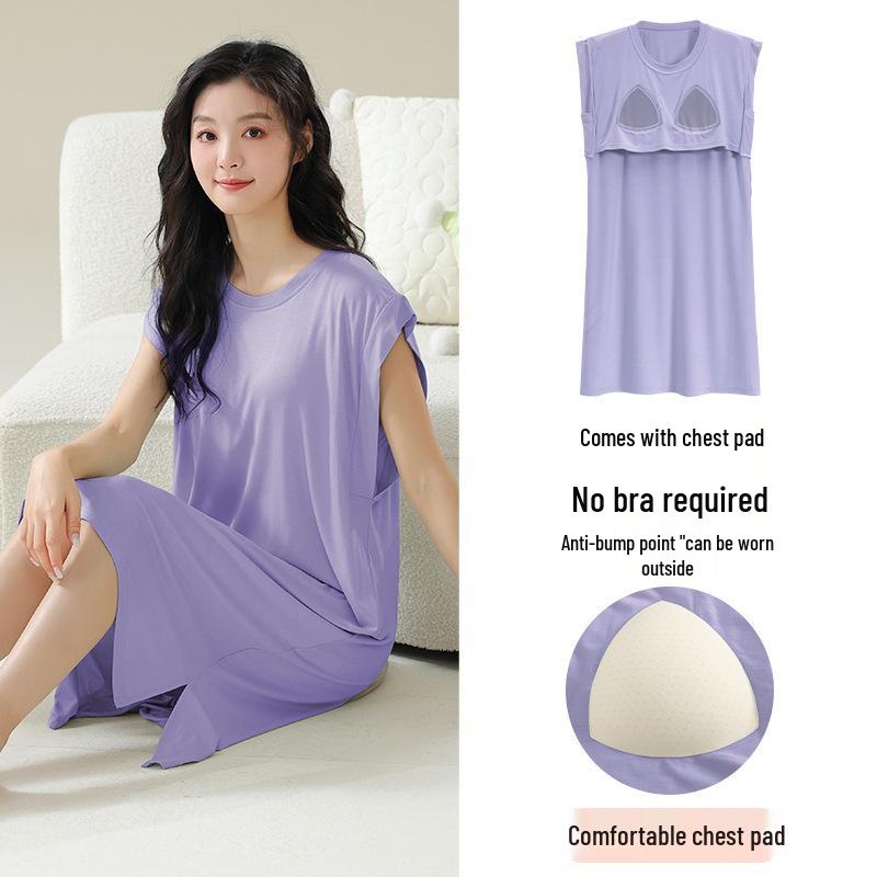 2026 Women's Spring/Summer Blue Nightgown with Built-in Bra, Short Sleeves, Round Neck, Casual Homewear Style