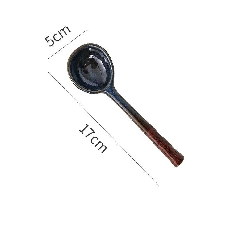 Ceramic Small Soup Spoon Japanese Style Stoneware Spoon Long Handle Spoons Household Cute Creative Spoons Kitchen Tableware