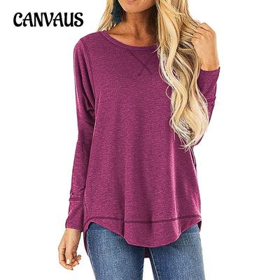 Chemisier à manches longues et col rond pour femme, haut décontracté, couleur unie, printemps-automne