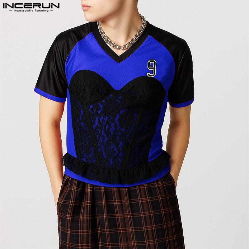 INCERUN Summer Men Short Sleeve Lace Patchwork Print Casual T-shirts Tee Tops