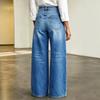 Damen Lässige High Waist Weite Beine Jeans mit Seitenknöpfen Dekoration Lockerer Schnitt Blaue Jeans