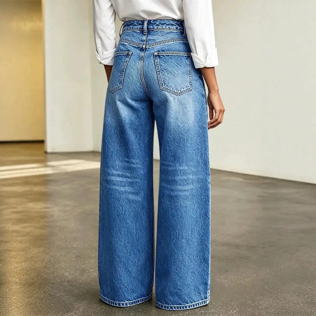 Damen Lässige High Waist Weite Beine Jeans mit Seitenknöpfen Dekoration Lockerer Schnitt Blaue Jeans