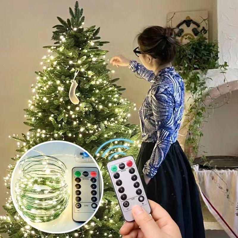 Remote Controlled Copper Wire Star Lights: Green Garland & Christmas Tree Decoration