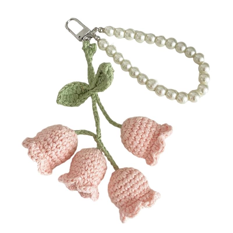 Breloc cu flori croșetate atrăgător, tricotat manual, cu flori, pandantiv, perle, bijuterii pentru chei și rucsacuri