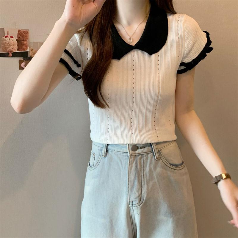 Hollow Out Top with High-end Design Niche Pink Doll Collar Thin Short Sleeved Knitted Shirt for Women Summer