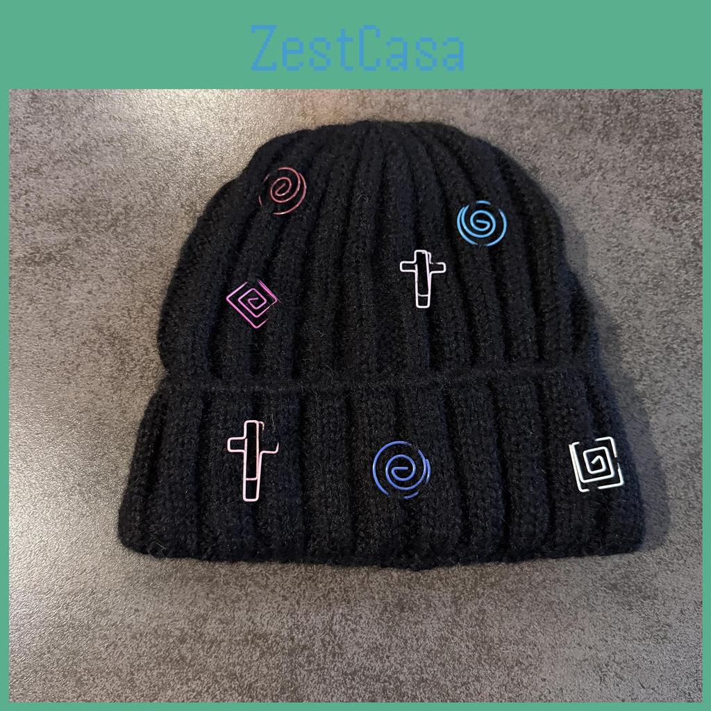 Knitted Color Solid Hat With Geometric Decoration For Cold Weather Activities