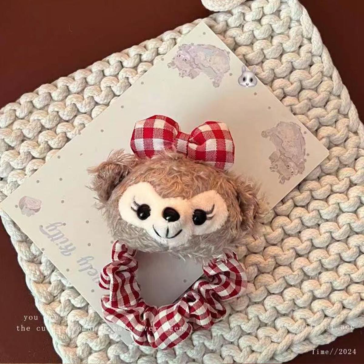 

1pc girl sweet cute duffy bear shelly rose hair tie red check bow cartoon animal tie hair tie for daily use