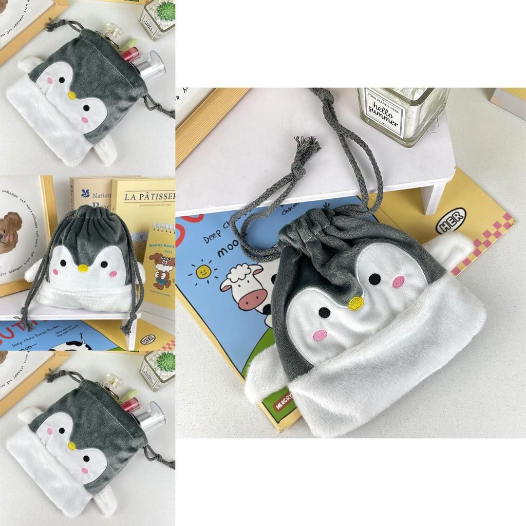 Cute Penguin Character Drawstring Pouch Soft Plush Storage Bag For Makeup And Miscellaneous Items