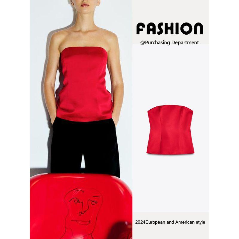 Za2025 Spring New Women's Clothing Sexy Strapless All-Matching Silk Satin Texture Tube Top Elegant Tops 2215650