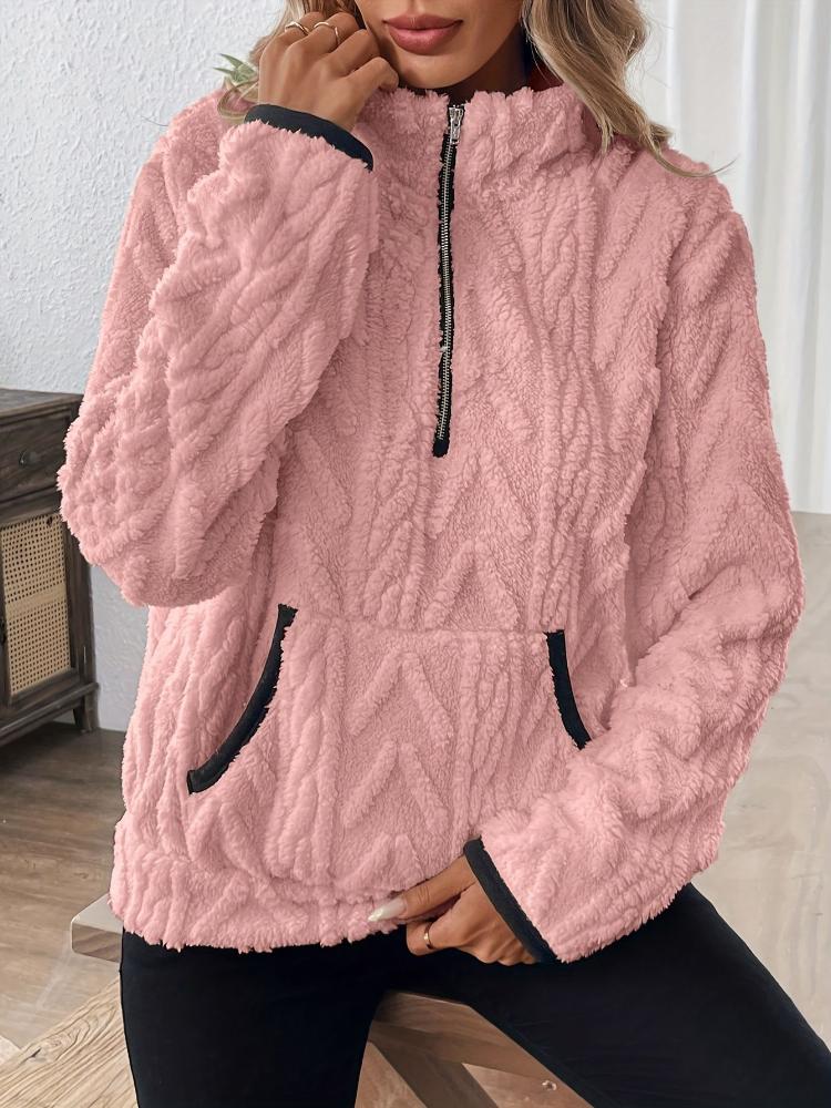Damenmode Fuzzy Sweatshirt, Unifarbe, mit Reverskragen und Reißverschlussdetail, für Ganzjahreskomfort Pullover