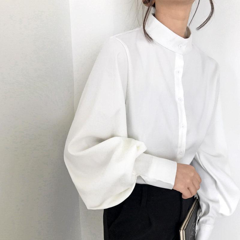 

2025 Retro Hong Kong Style Stand-Up Collar Single-Breasted Lantern Sleeve Shirt L