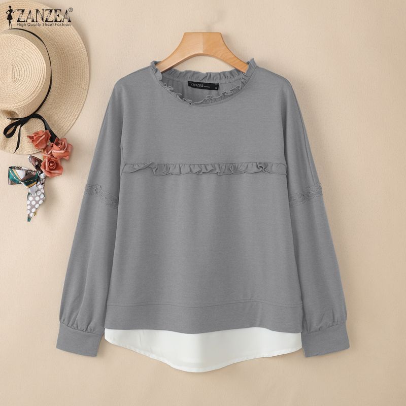 ZANZEA Women Casual Round Neck Solid Color Loose Spring Long Sleeve Tee Tops