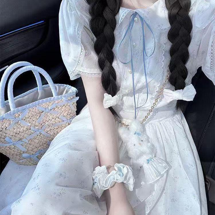 

Sweet Academy Doll Collar Floral Print Summer Dress for Female Students – Elegant, Waist-Cinched, High-Quality New Arrival. S