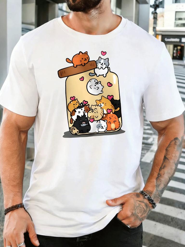 Cute Kittens In Glass Jar Unisexs Front Print T Shirt Lovely Cat Heart Cartoon Graphic Tee Casual Short Sleeve Top Cat Lover Gift