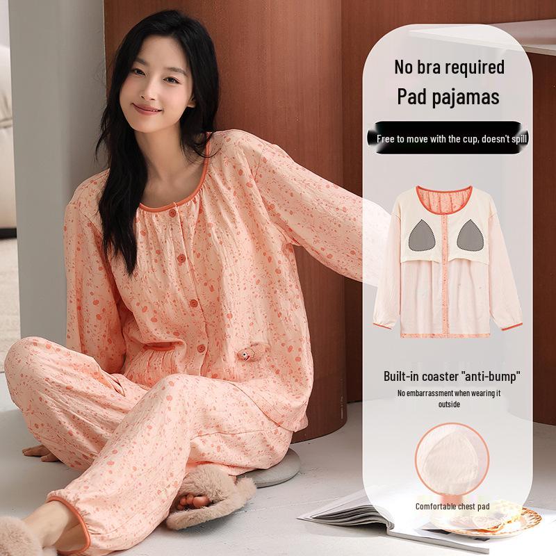 Women's Long-Sleeve Round Neck Pajama Set with Bra Pads, Wearable Outside, Cloud Cotton Loungewear
