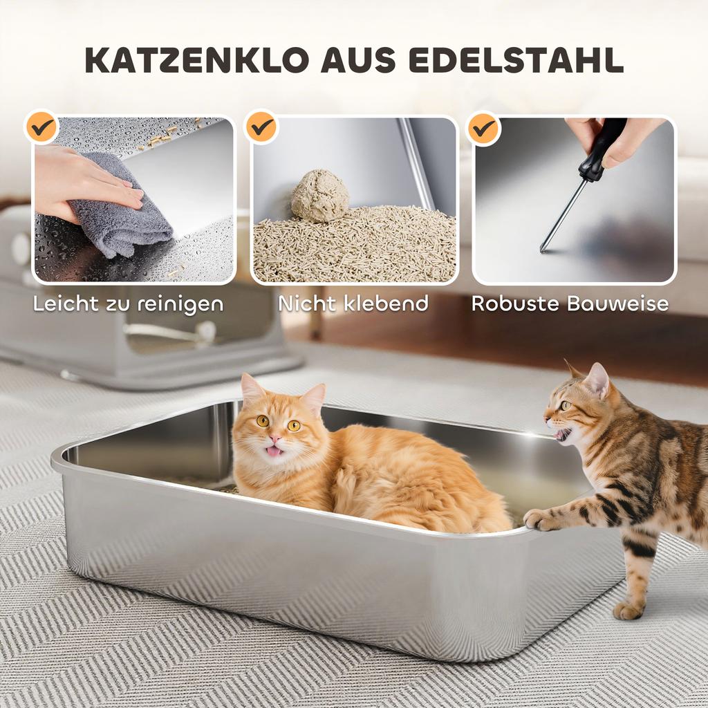 XXL Stainless Steel Cat Litter Tray, Enclosed Cat Litter Box with 90 degrees Flip Cover, Double Doors, Scoop, Easy Clean, Grey