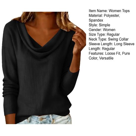 Women Tops Swing Collar Long Sleeve Loose Fit Pullover Tops Pure Color Leisure Blouse Work Party Vacation Office Casual Wear