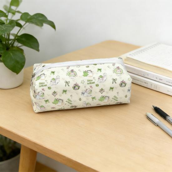 Pencil Case Green Kitten Print Large Capacity Stationery Organizer Smooth Zipper Closure Dirt-Resistant Canvas Makeup Bag