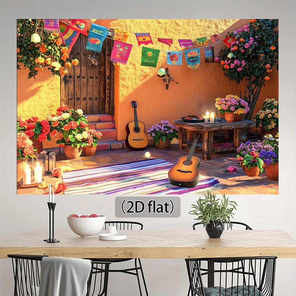Une pièce de tissu de fond sur le thème du carnaval mexicain, une guitare, des bannières colorées et des pots de fleurs conviennent aux célébrations.