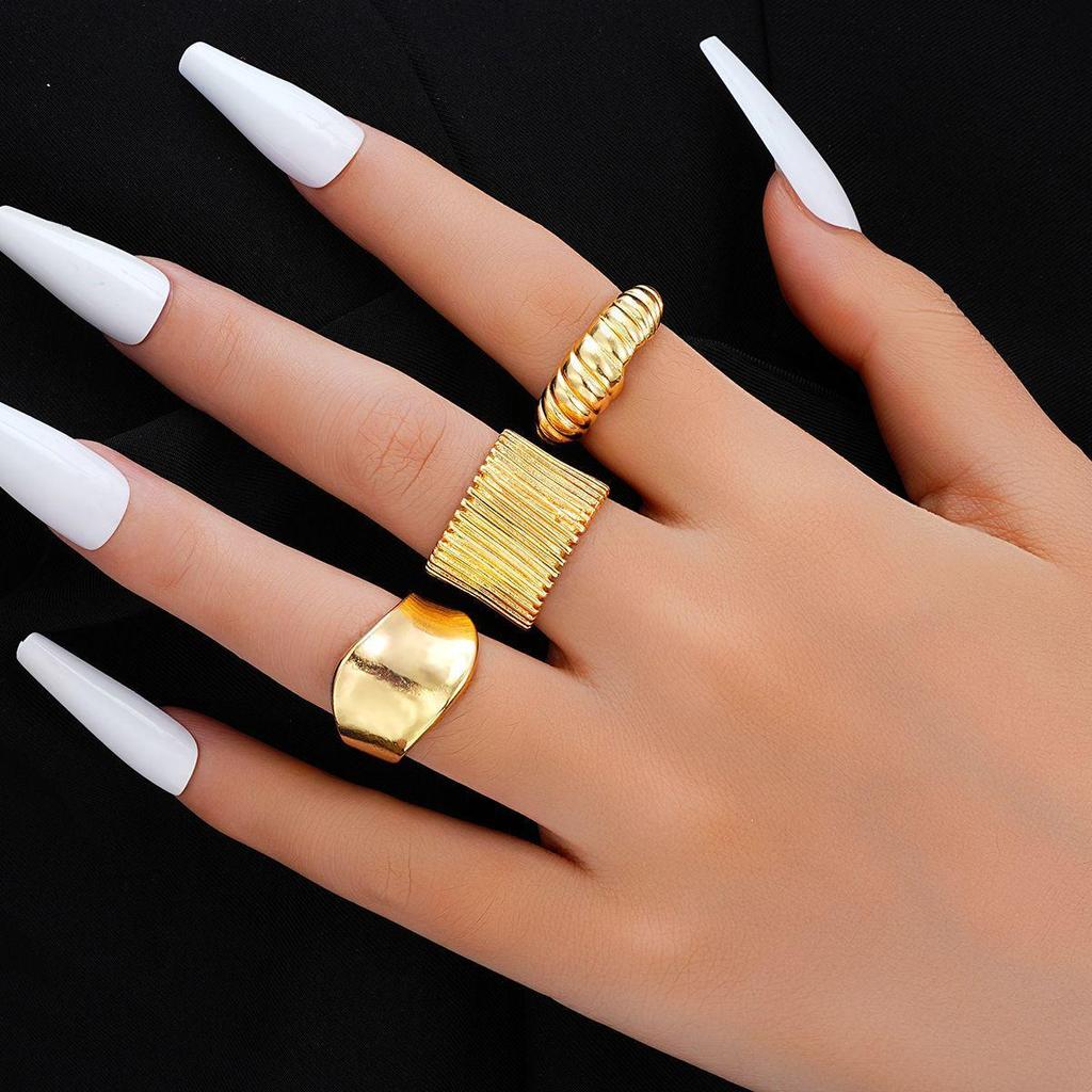European & American Metal Texture Ring Set: Smooth, Exaggerated Geometric Open Rings for Women