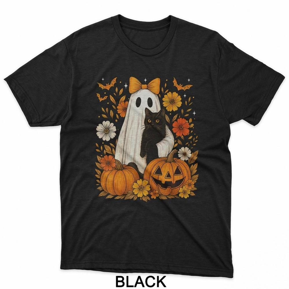 Vintage Halloween Ghost Holding Black Cat Groovy Floral T-Shirt Unisex T-Shirt XXL
