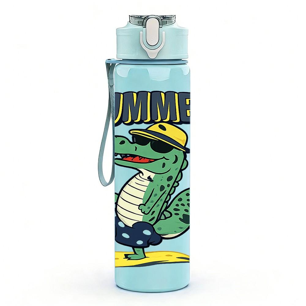 1PC Surfing Dinosaur Cartoon 750ml Color Plastic Sports Water Bottle Leakproof Flip Straw Lid Suitable for Sports Office Home Use