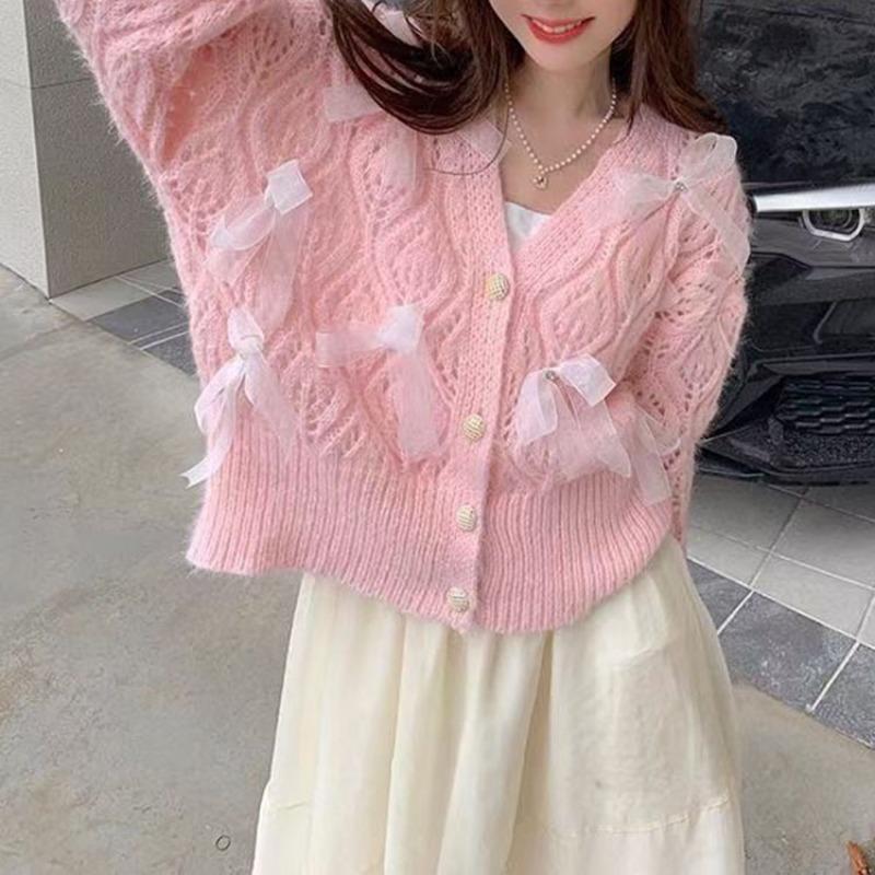 Sweet and gentle wind soft waxy sweater women's early autumn hollow bow knitted cardigan jacket long sleeve top