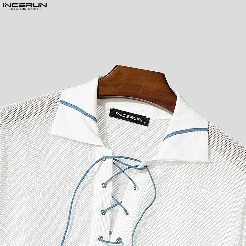 INCERUN Oversized Men Long Sleeve Hollow Bandage See Through Webbing Loose T-shirts Tops