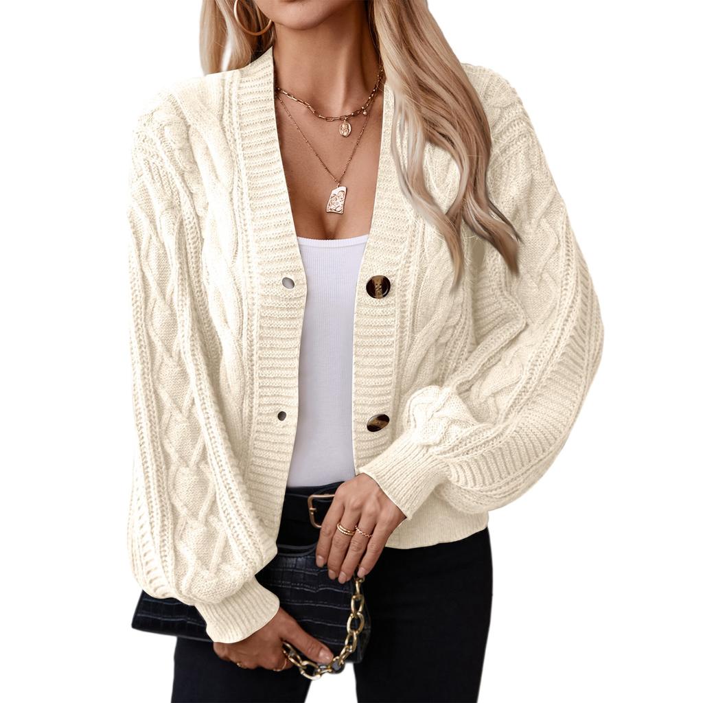 Dam Mode Casual Enfärgad V-Hals Långärmad Lös Stickad Kabelstickad Knäppt Kofta Tröja Jacka