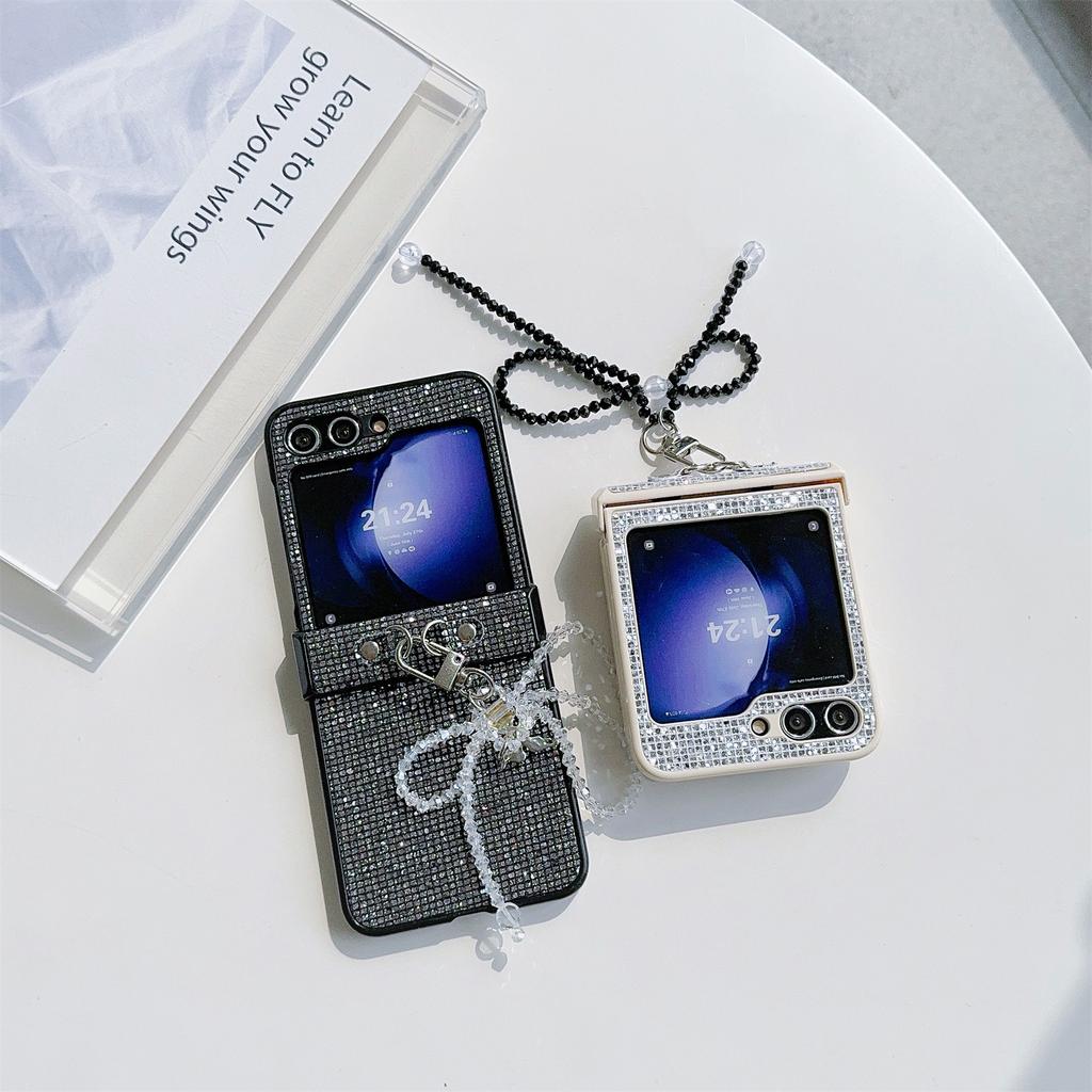 For Samsung Galaxy Z Flip5 5G Case Sequins Decor PC Phone Cover with Beaded Bowknot Pendant