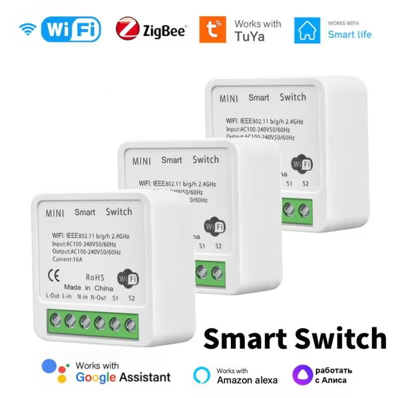 AUBESS 16A Tuya Wifi / Zigbee Mini Smart Switch 2-Way Control Smart Life DIY Light Switches For Alexa Google Home Yandex Alice