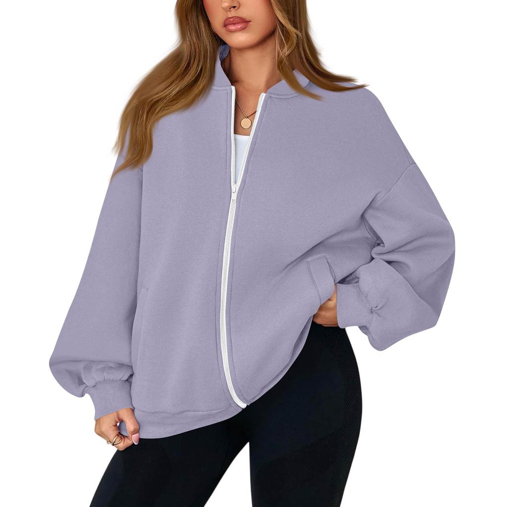 Women's Fashion Long Sleeve Color V-Neck Loose Oversize Zipper Jacket