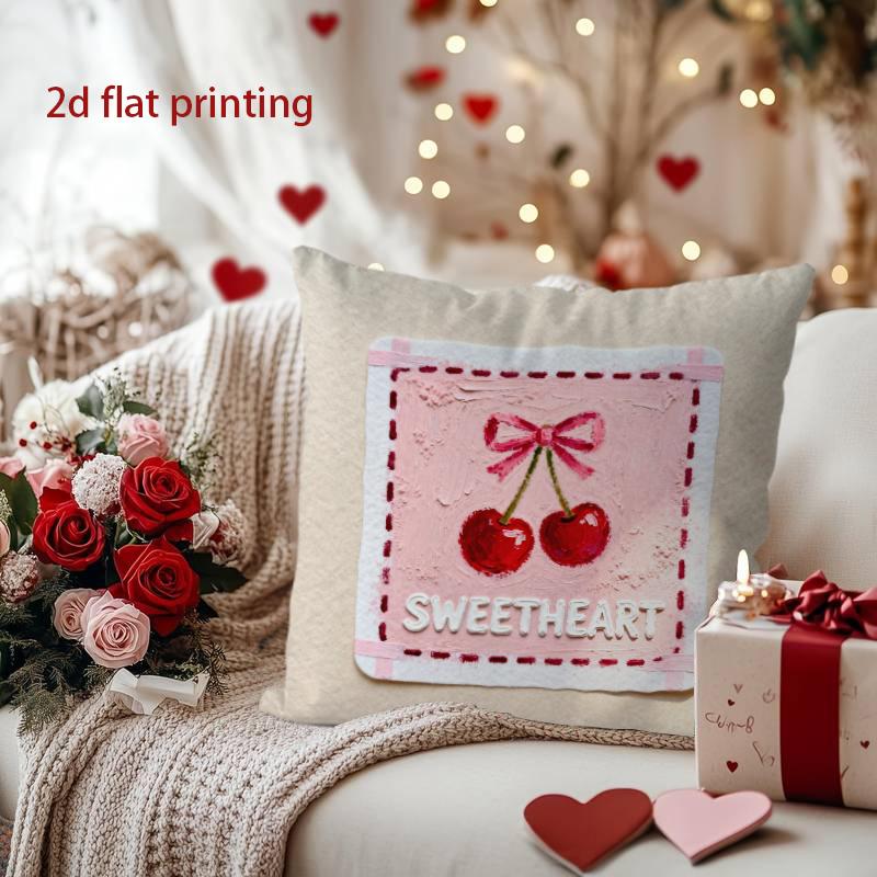 Cherry & Sweetheart: 2D Flat-Printed Decorative Pillow Cover Pattern Cushion Cover Suitable for Sofa Bedroom Car Pillow Cover
