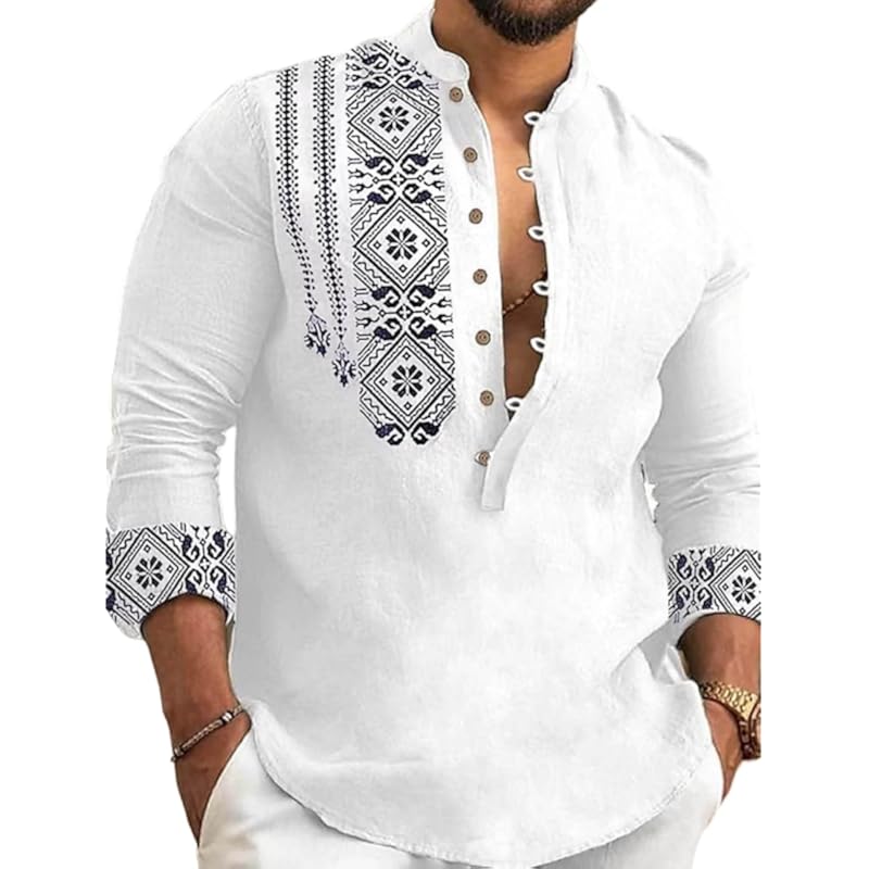 DEELMO Men's Cotton Blend Mandarin Collar Regular Fit Full Sleeve Casual Short Kurta, White, L