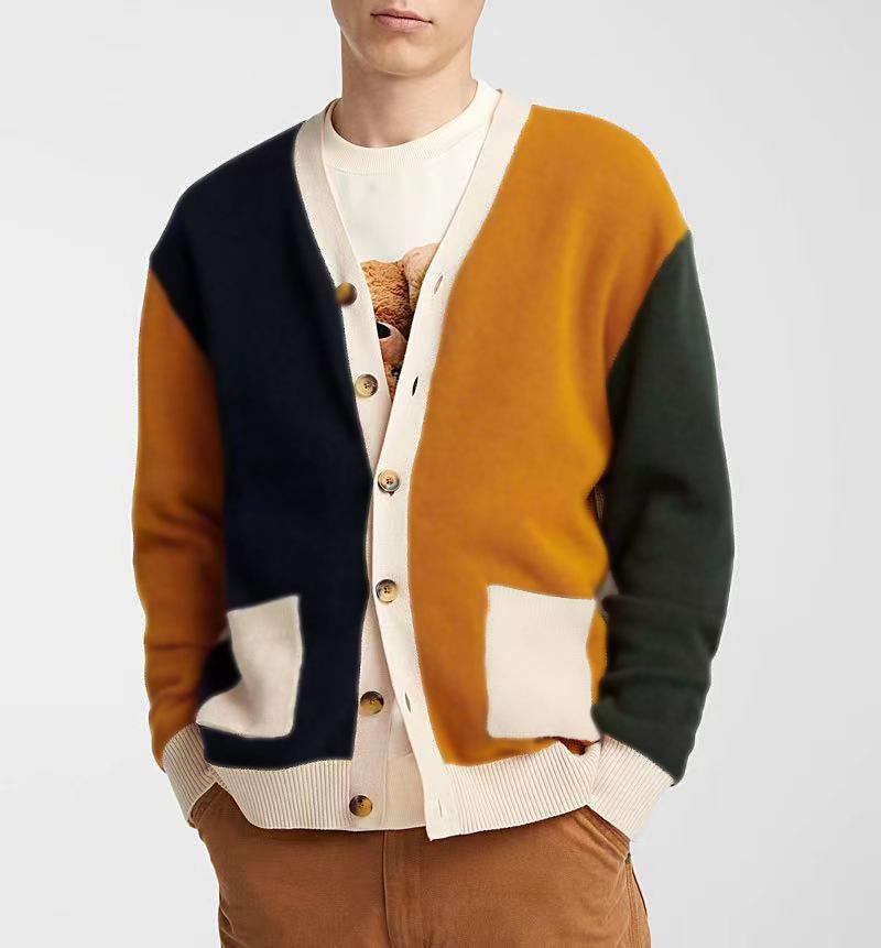 

Men s Color-Blocked Cardigan Sweaters Open Front Knit Loose Fit Long Sleeve Cardigans With Pockets Casual V Neck Button Down Sweater Outwear for Men XXXL