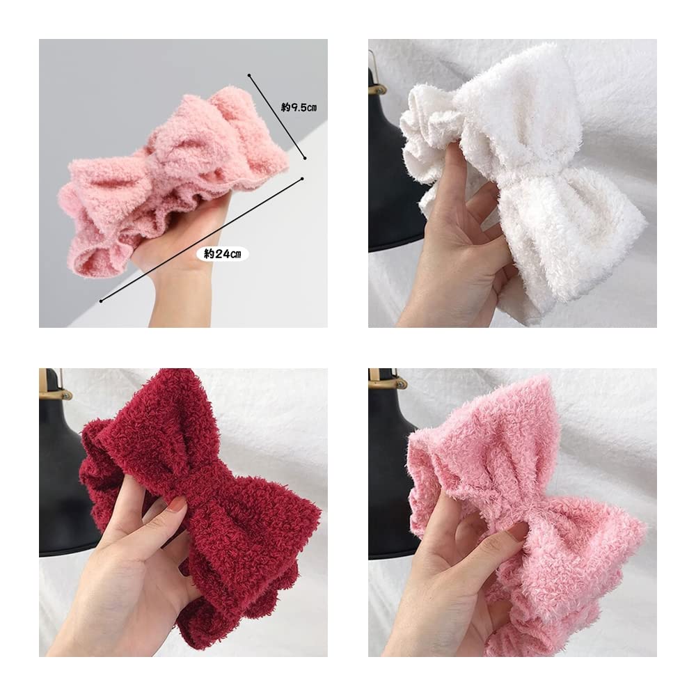 Wash Hairband Simple Hair Turban with Ribbon [Facial 3-Color Set] Fluffy, Cute, (Red, White, Pink)