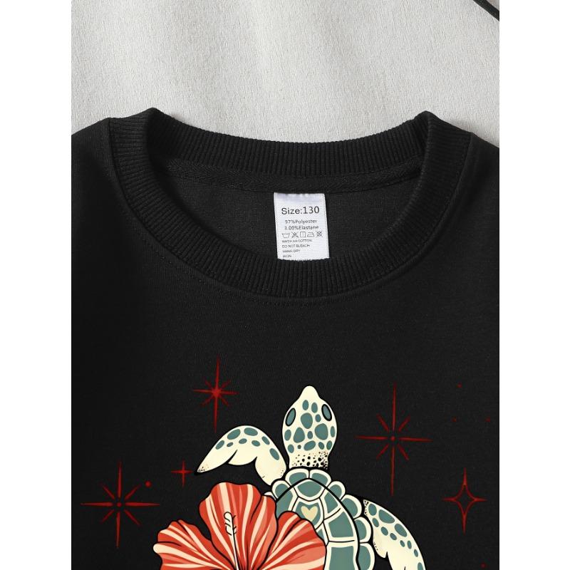 European Sizes Girls' Long-Sleeve Round Neck Sweatshirt "Turtle Hibiscus" Print, Spring/Autumn, Casual, Daily & Sports.