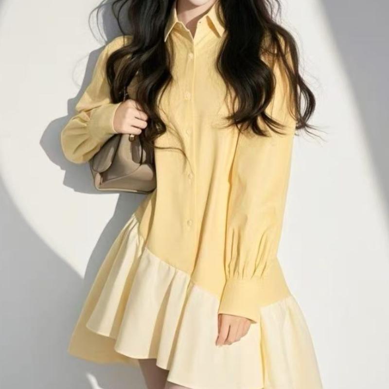 

Асимметричный дизайн Ленивый стиль Желтое лоскутное платье Весна Элегантная Юбка высокого класса M