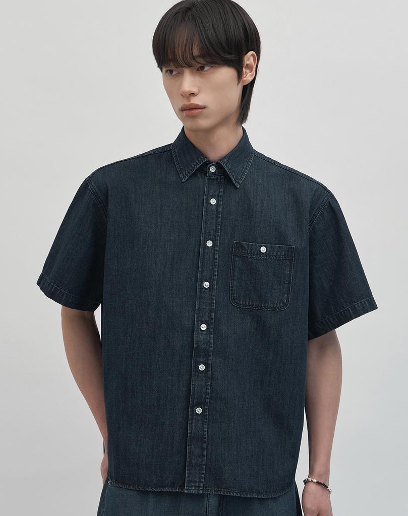 WORK ON BODY OFF Tenu Semi-Overfit Denim Short Sleeve Shirt [Blue]